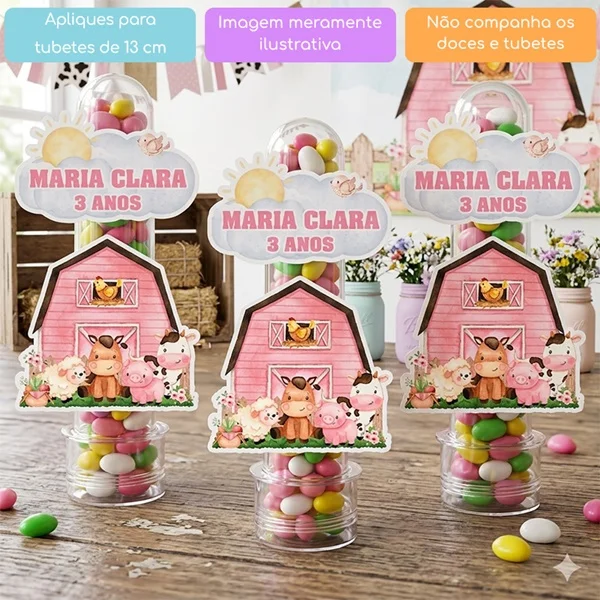 10 Apliques Personalizados Fazendinha Celeiro Rosa Lembrancinha Aniversário Chá de bebê Tubete - Imagem 1