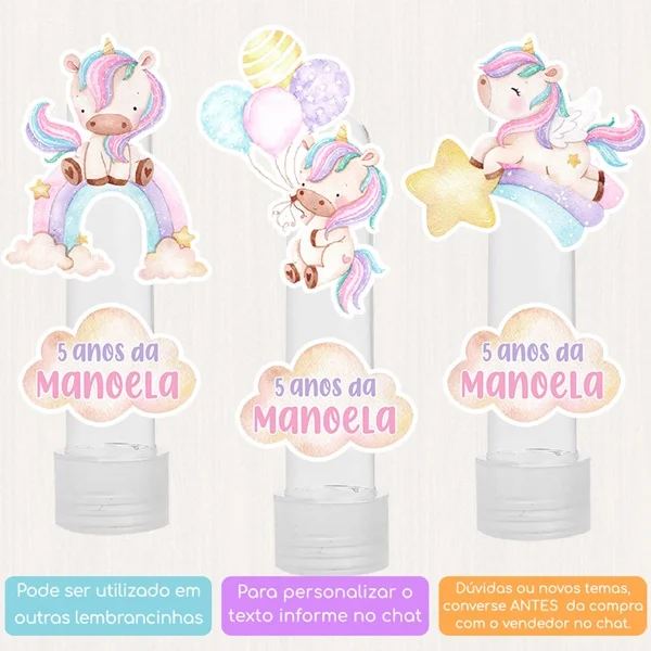 10 Apliques Personalizados Unicórnio Aquarela Lembrancinha Chá de bebê Aniversário Tubete - Imagem 2