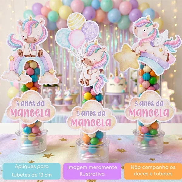 KIT COM 10 APLIQUES UNICÓRNIO AQUARELA PARA TUBETES OU OUTRAS LEMBRANCINHAS