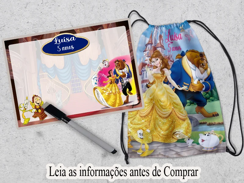 Kit Mochilinha e Lousa Personalizada para lembrancinhas Bela e a Fera
