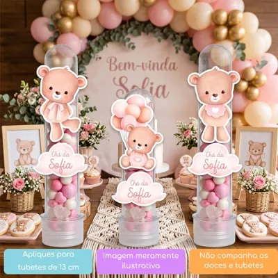 KIT COM 10 APLIQUES URSINHA AQUARELA COM BALÕES COR DE ROSA PARA TUBETES OU OUTRAS LEMBRANCINHAS