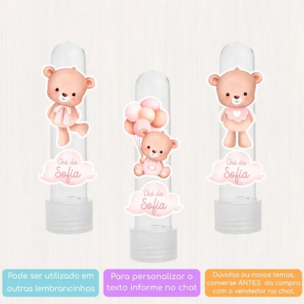 KIT COM 10 APLIQUES URSINHA AQUARELA COM BALÕES COR DE ROSA PARA TUBETES OU OUTRAS LEMBRANCINHAS - Imagem 2