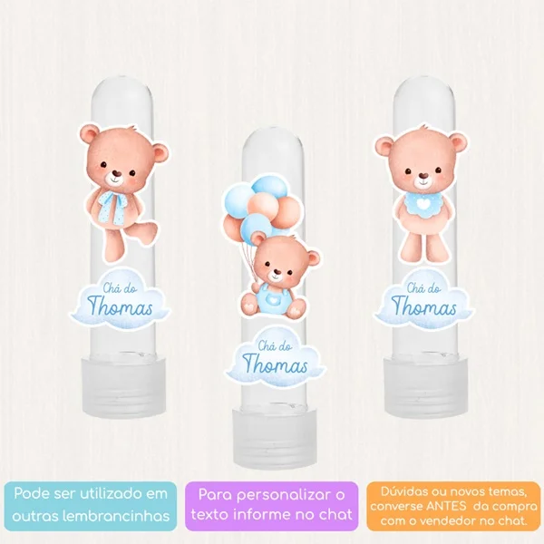 10 Apliques Personalizados Ursinho Aquarela Balão Azul Lembrancinha Chá de bebê Aniversário Tubete - Imagem 2