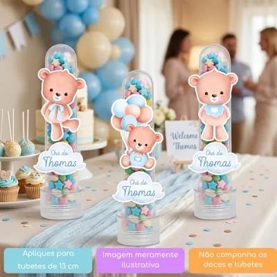 KIT COM 10 APLIQUES URSINHO AQUARELA COM BALÕES AZUL PARA TUBETES OU OUTRAS LEMBRANCINHAS
