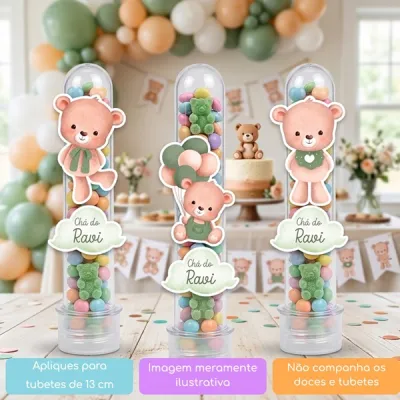 KIT COM 10 APLIQUES URSINHO AQUARELA COM BALÕES VERDE PARA TUBETES OU OUTRAS LEMBRANCINHAS