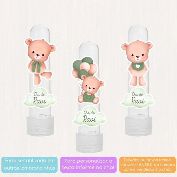 10 Apliques Personalizados Ursinho Aquarela Balão Verde Lembrancinha Chá de bebê Aniversário Tubete - Imagem 2