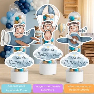 KIT COM 10 APLIQUES URSINHO AVIADOR AQUARELA AZUL ESCURO PARA TUBETE OU OUTRAS LEMBRANCINHAS