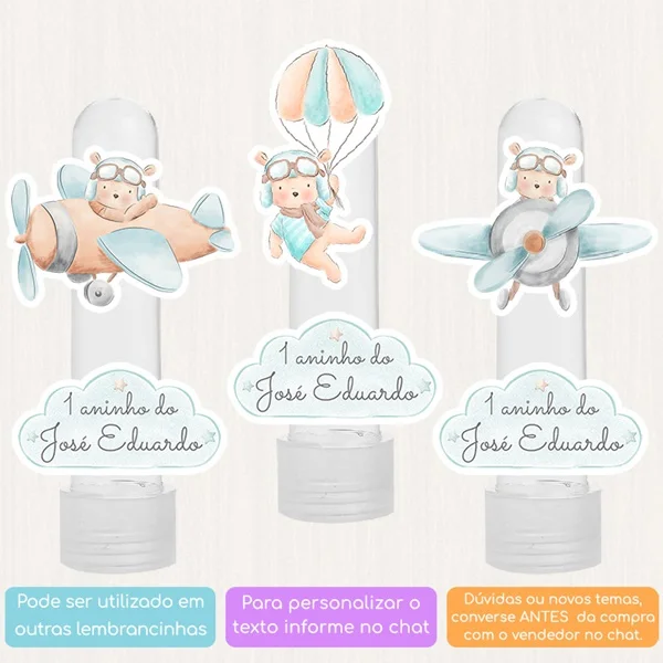 10 Apliques Personalizados Ursinho Aviador Lembrancinha Chá de bebê Aniversário Tubete - Imagem 2