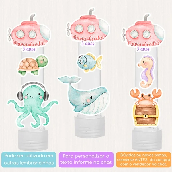 10 Apliques Personalizados Fundo do Mar Submarino Rosa Lembrancinha Chá de bebê Aniversário Tubete - Imagem 2