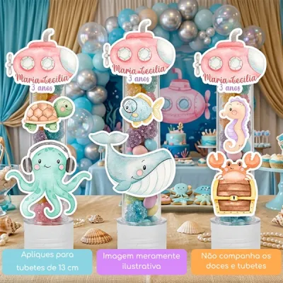 KIT COM 10 APLIQUES FUNDO DO MAR AQUARELA MENINA PARA TUBETE OU OUTRAS LEMBRANCINHAS