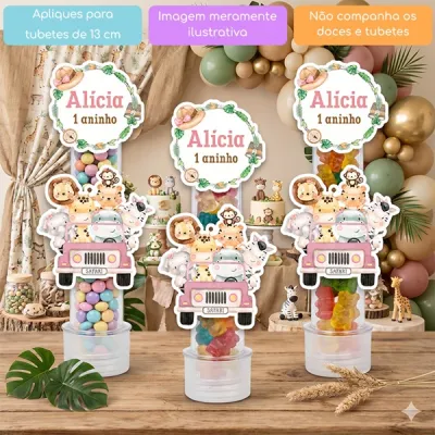 KIT COM 10 APLIQUES JIPE SAFARI AQUARELA ROSA MENINA PARA TUBETE OU OUTRAS LEMBRANCINHAS