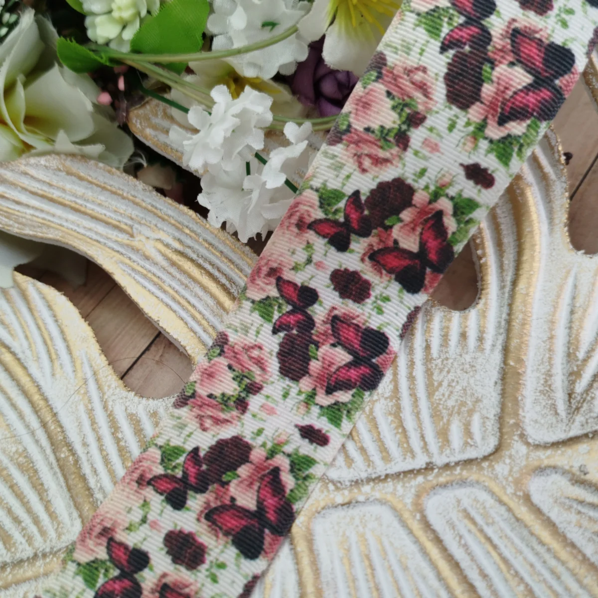 Fita Gorgurão 38mm No 09 Estampa Borboletas e Flores Jardim Encantado