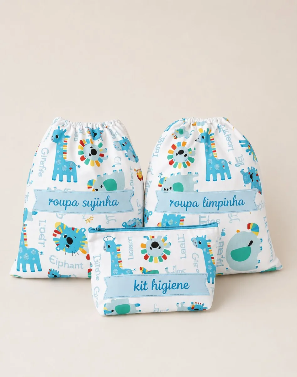 kit creche personalizado com nome saquinho sujinha limpinha necessaire kit 03 peças