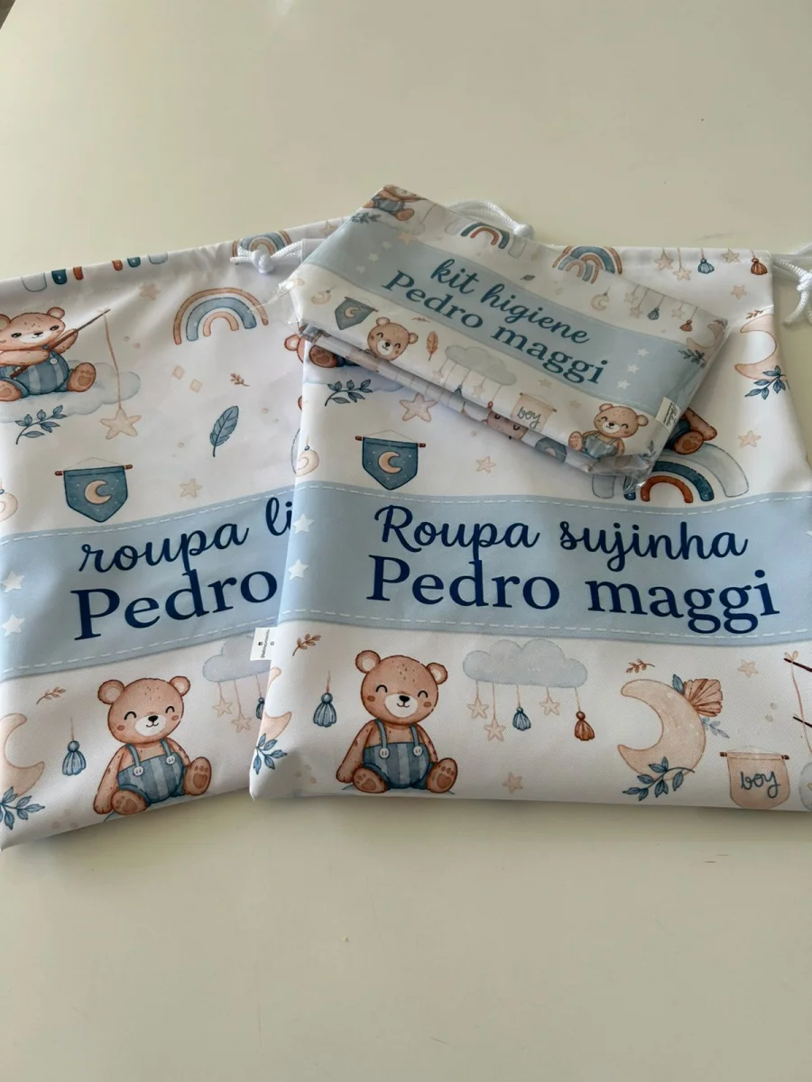 kit creche personalizado com nome saquinho sujinha limpinha necessaire kit 03 peças - Imagem 6