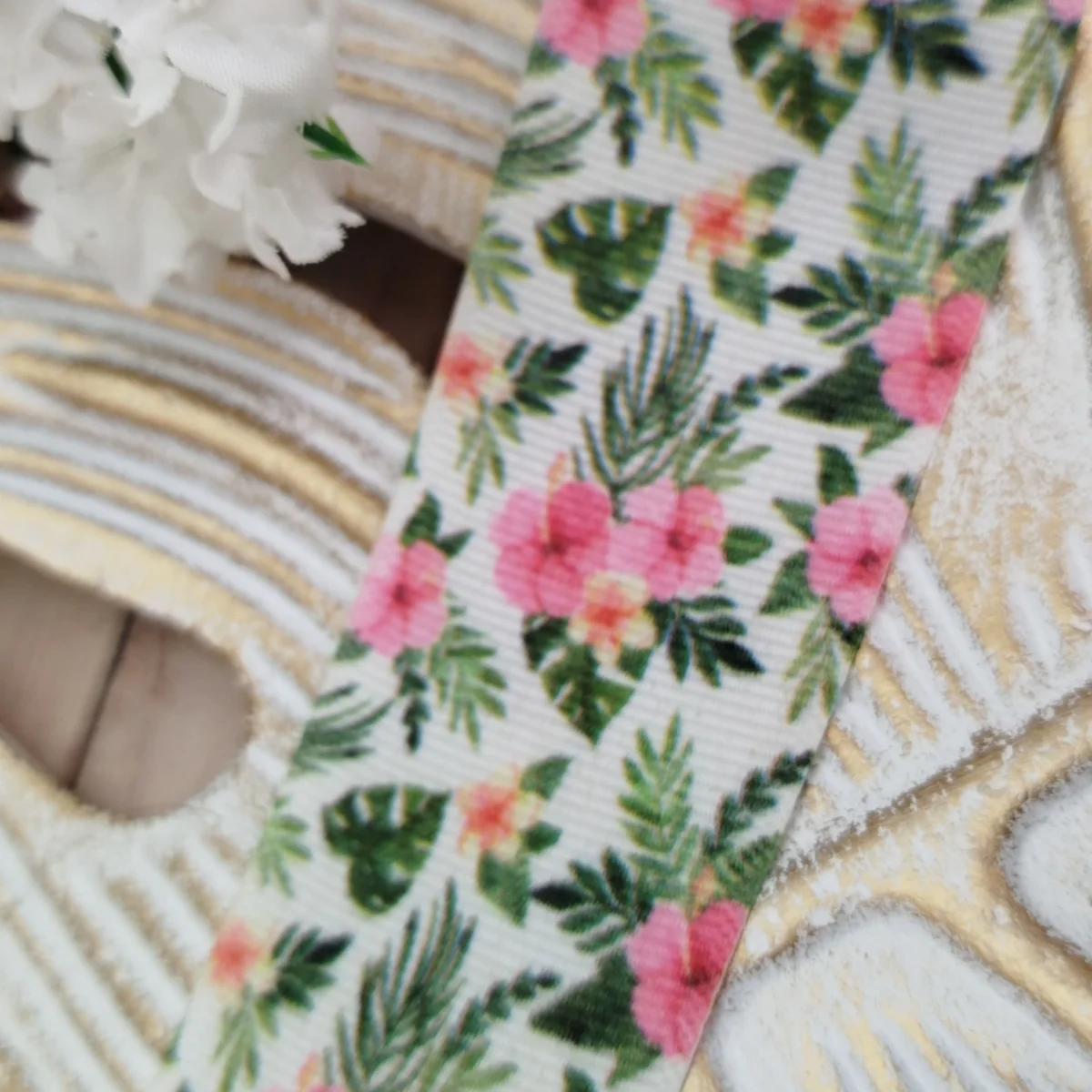 Fita Gorgurão 38mm No 09 Estampa Havaiana Tropical Hibiscos e Folhagem - Imagem 2