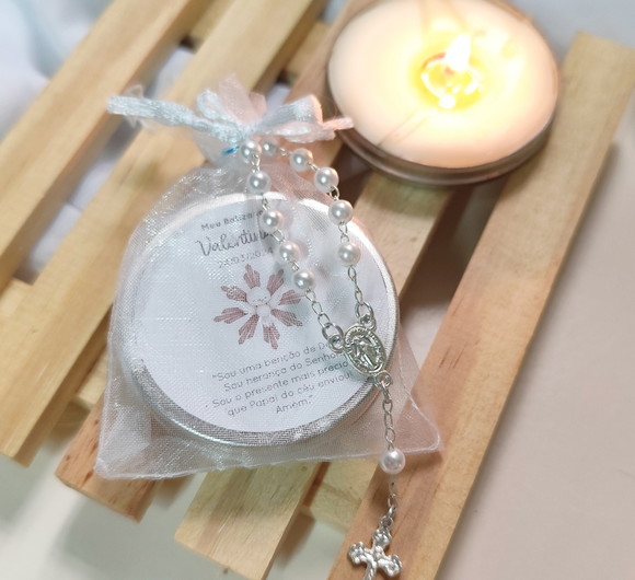 Mini Vela na Latinha Personalizada + Mini Terço