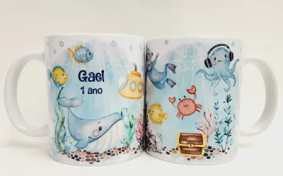 Caneca personalizada aniversario fundo do mar