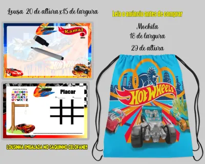 KIt Mochilinha e Lousa Magica verso com Jogos lembrancinhas da Hot Wheels