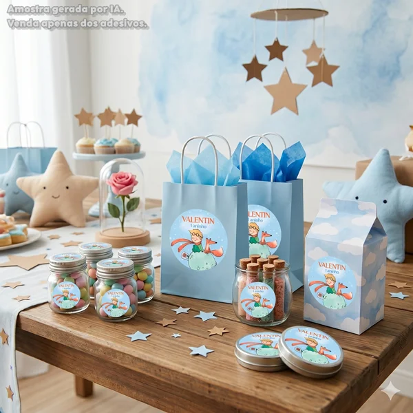 KIT COM 15 ADESIVOS DE 5 CM PEQUENO PRÍNCIPE AQUARELA PARA APLICAR EM DIVERSAS LEMBRANCINHAS - Imagem 1