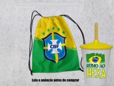 Kit Mochilinha e Copo Personalizado Lembrancinhas da Copa do Mundo
