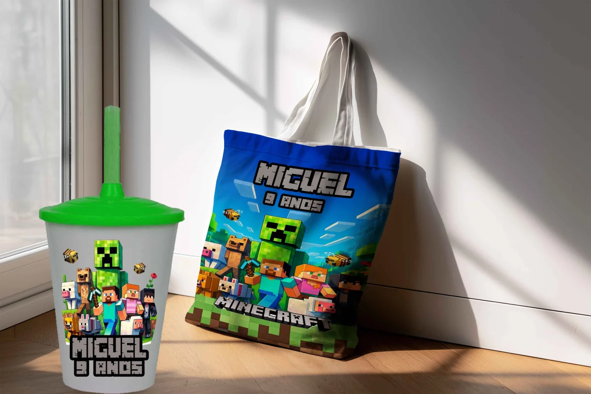 kit Sacola Ecobag e Copo Twister para lembrancinhas do MInecraft