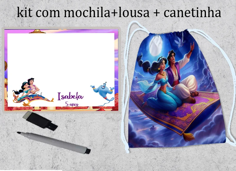 Kit lembrancinhas de Aniversario Mochila e Lousa Magica Personalizada Princesa Jasmine e Aladim - Imagem 2
