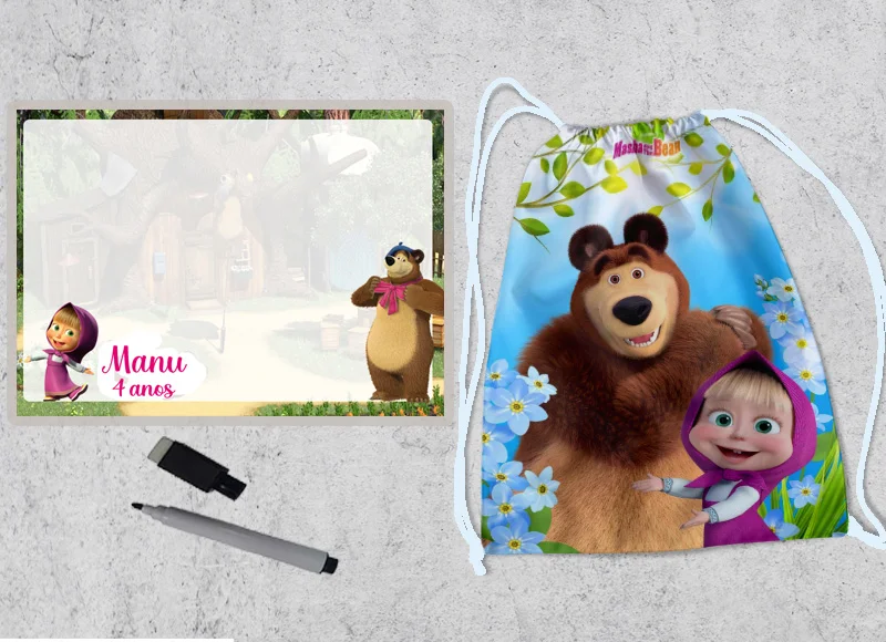 Kit lembrancinhas de Aniversario Mochila e Lousa Magica Personalizada da Marsha e o Urso