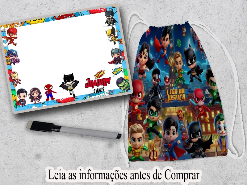 Kit lembrancinhas Aniversario Mochila e Lousa Magica Personalizada da Liga da Justiça Super Herois