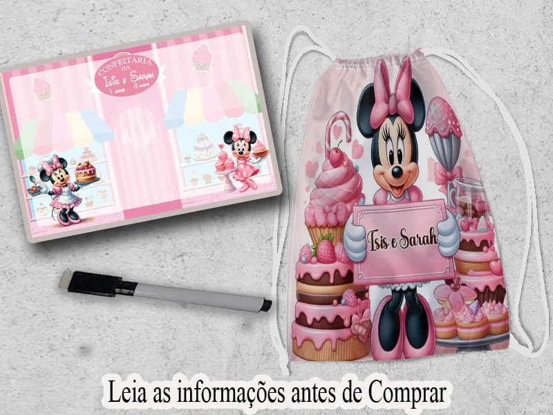 Kit lembrancinhas de Aniversario Mochila e Lousa Magica Personalizada Minnie Confeiteira
