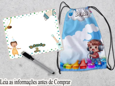Kit lembrancinhas de Aniversario Mochila e Lousa Magica Personalizada tema Musical