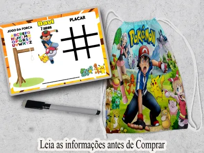 Kit lembrancinhas de Aniversario Mochila e Joguinho da velha e forca Personalizada Pokemon