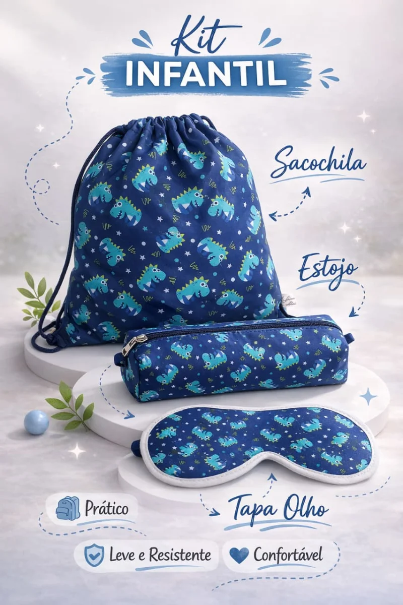 kit infantil 03 peças sacochila tapa olho estojo