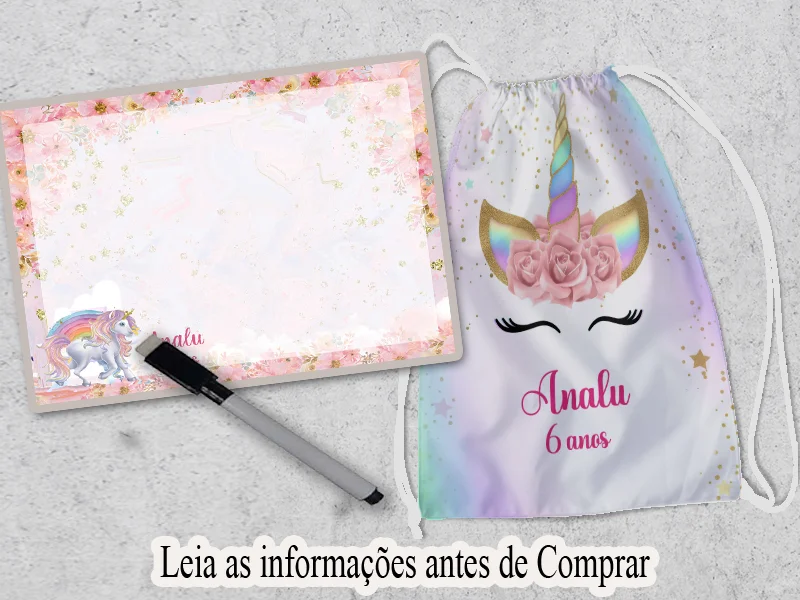 Kit lembrancinhas de Aniversario Mochila e Lousa Magica Personalizada  do Unicornio
