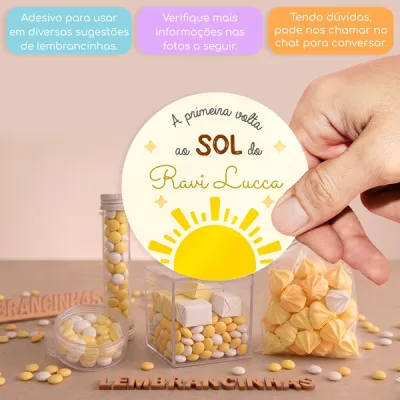 KIT COM 15 ADESIVOS DE 5 CM VOLTA AO SOL PARA APLICAR EM DIVERSAS LEMBRANCINHAS