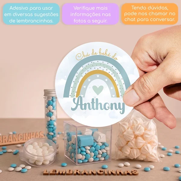 KIT COM 15 ADESIVOS DE 5 CM ARCO ÍRIS MENINO PARA APLICAR EM DIVERSAS LEMBRANCINHAS