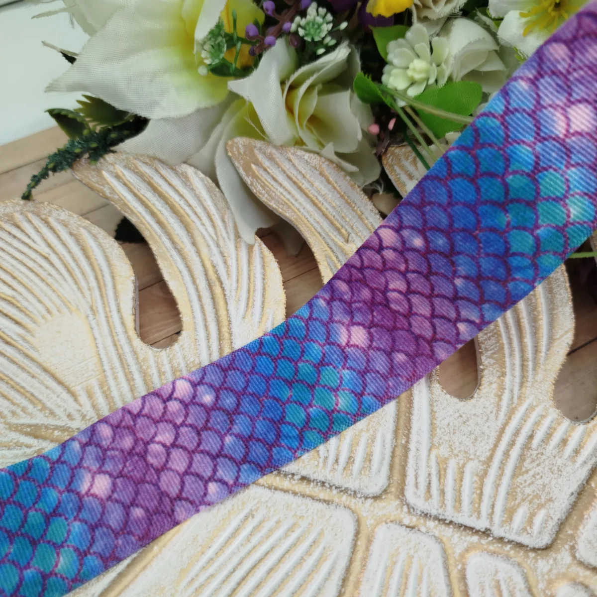 Fita Gorgurão 38mm No 09 Estampa Escamas de Sereia Turquesa e Roxo - Imagem 2