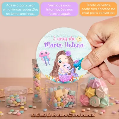 KIT COM 24 ADESIVOS DE 4 CM SEREIA FOFA PARA APLICAR EM DIVERSAS LEMBRANCINHAS