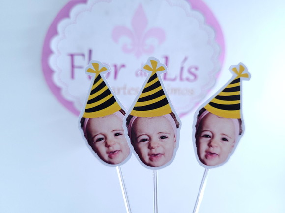 Topper de Doces Rostinho Abelhinha com Foto e Chapeuzinho