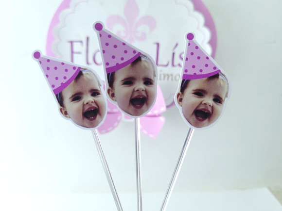 Topper de Doces Rosto do Bebê com Foto e Chapéu