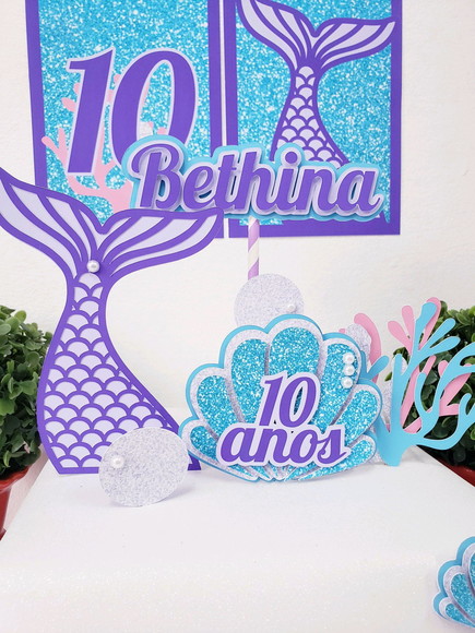 Kit Festa em Casa Sereia Luxo Topo e Bandeirola