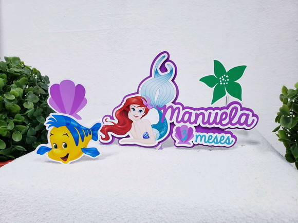 Topo de Bolo Ariel Pequena Sereia com Apliques Mesversário