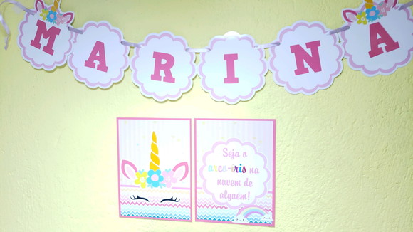 Kit de Parede Unicórnio Festa em Casa com Bandeirola