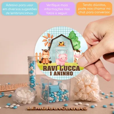 KIT COM 24 ADESIVOS DE 4 CM FAZENDINHA AQUARELA CELEIRO AZUL PARA APLICAR EM DIVERSAS LEMBRANCINHAS