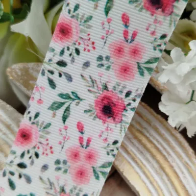 Fita Gorgurão 38mm No 09 Estampa Floral Aquarela Tons Rosa e Pink