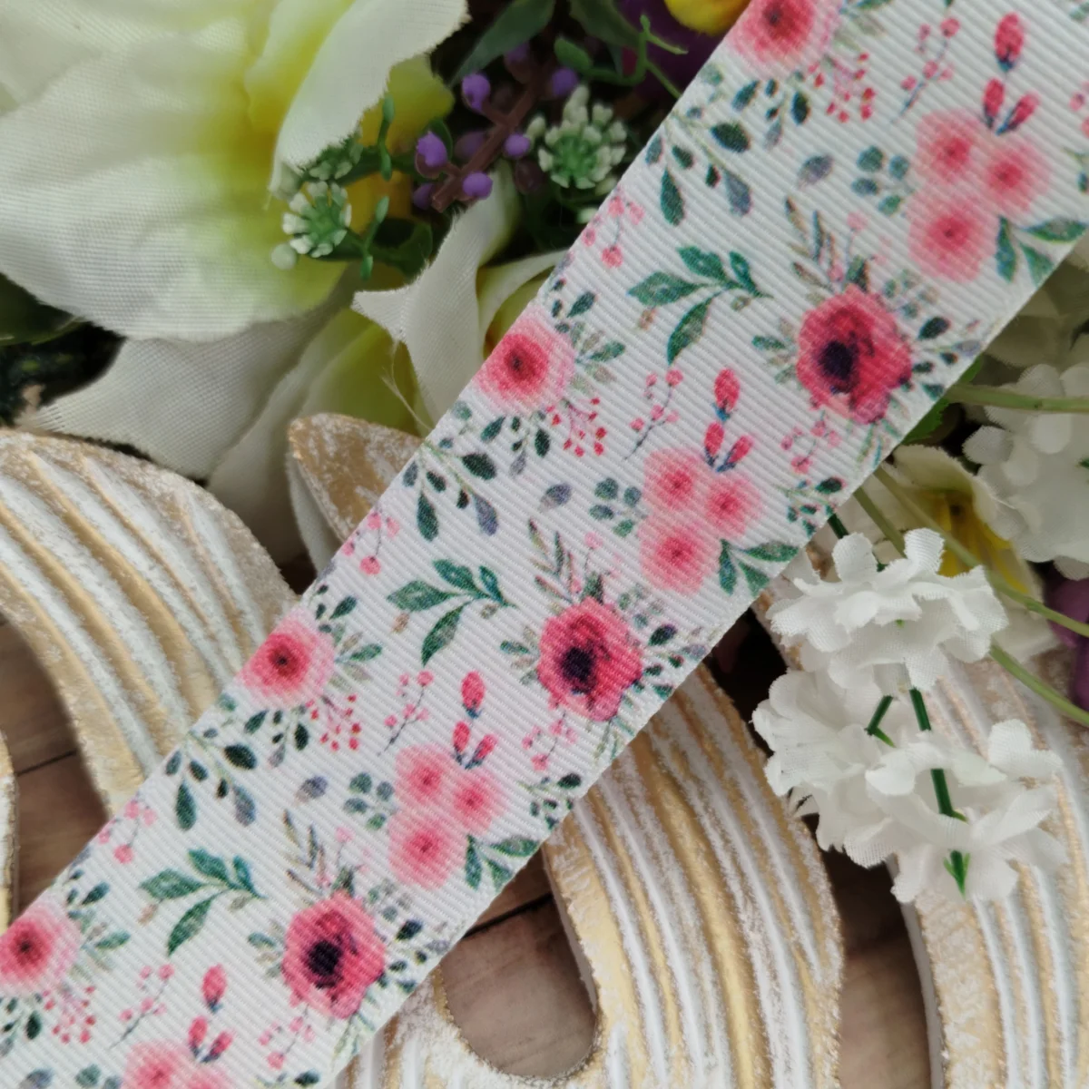 Fita Gorgurão 38mm No 09 Estampa Floral Aquarela Tons Rosa e Pink - Imagem 2