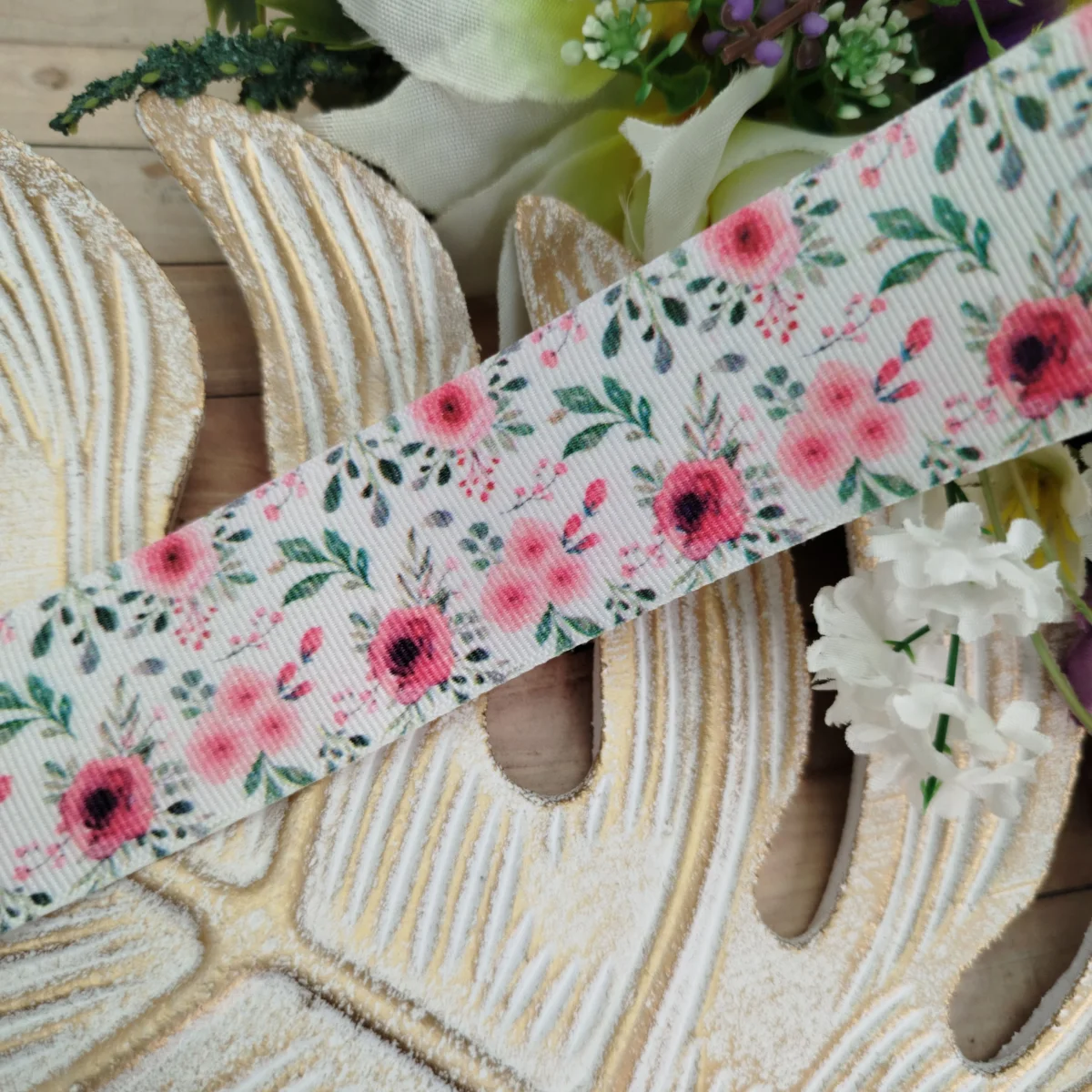 Fita Gorgurão 38mm No 09 Estampa Floral Aquarela Tons Rosa e Pink - Imagem 3