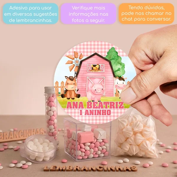 KIT COM 15 ADESIVOS DE 5 CM FAZENDINHA AQUARELA CELEIRO ROSA PARA APLICAR EM DIVERSAS LEMBRANCINHAS
