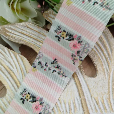 Fita Gorgurão 38mm No 09 Estampa Listras Pastel com Flores Delicadas