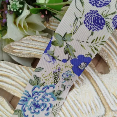 Fita Gorgurão 38mm No 09 Estampa Flores Azul Royal Estilo Porcelana