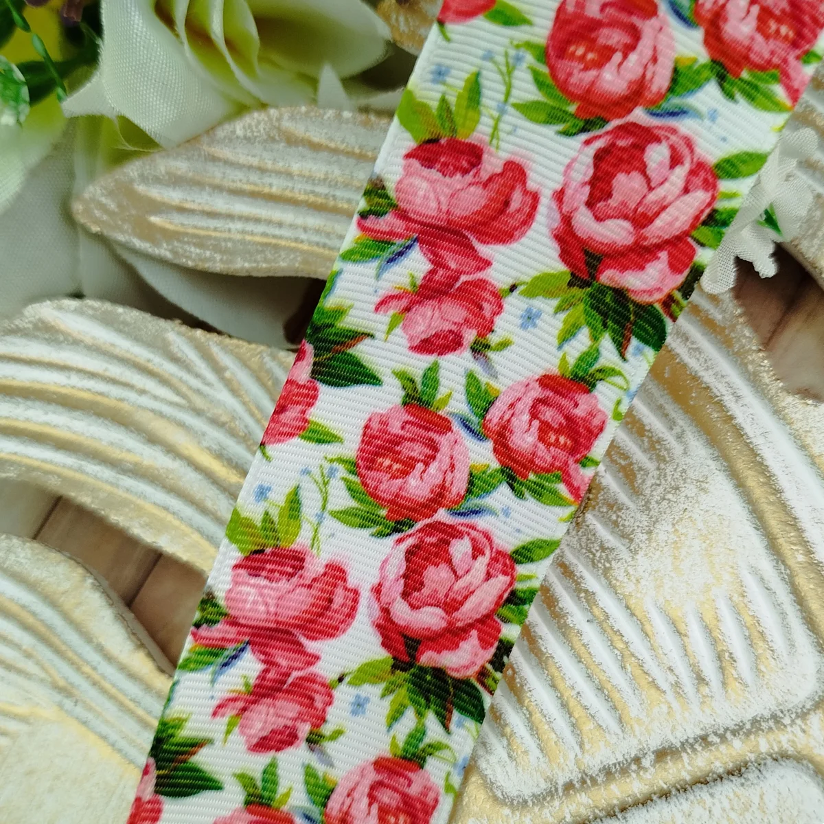 Fita Gorgurão 38mm No 9 Estampa Rosas Grandes Pink e Vermelho - Imagem 1